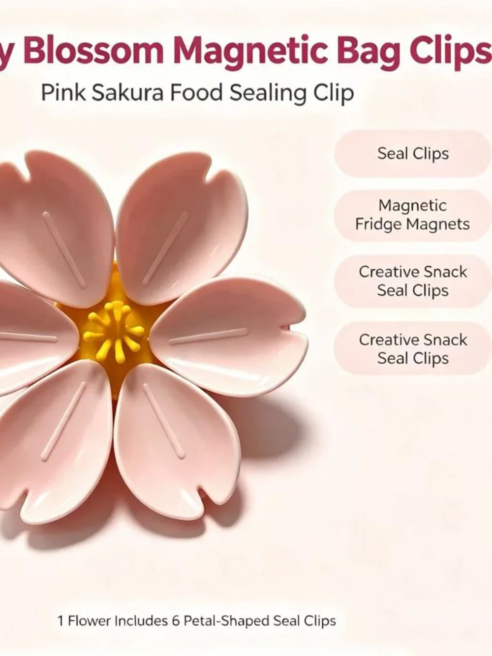 Pink Sakura Food Sealing Clips, 6 Detachable Petal Kitchen Bag Clips
